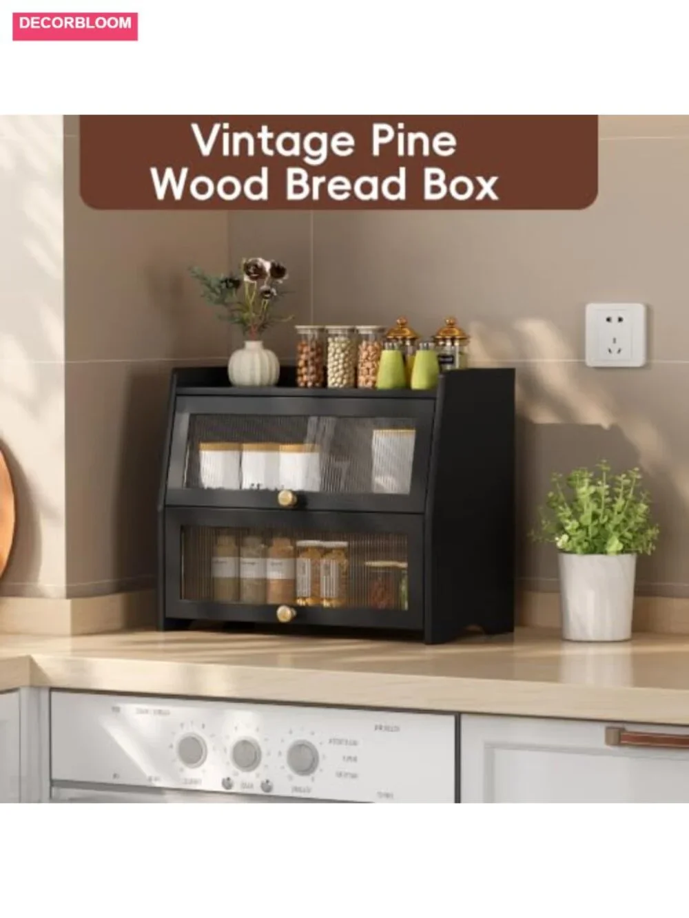 Solid Pine Wood Double Layer Bread Box Flip Top Kitchen Countertop Storage